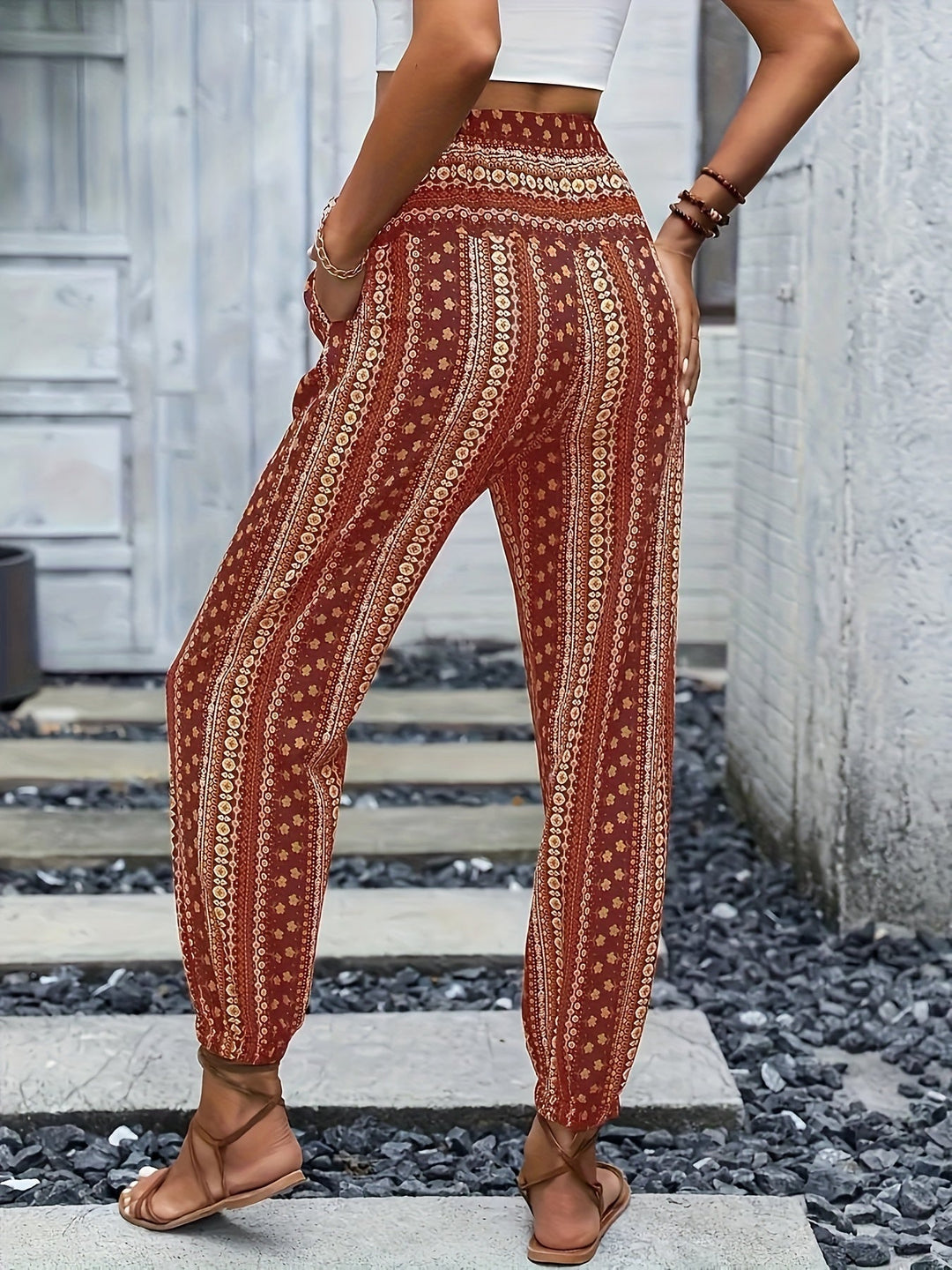 Boho High-Waist Women's Trousers with Print & Smocked Waistband – Linara-Dark brown-S-Nora Luxe
