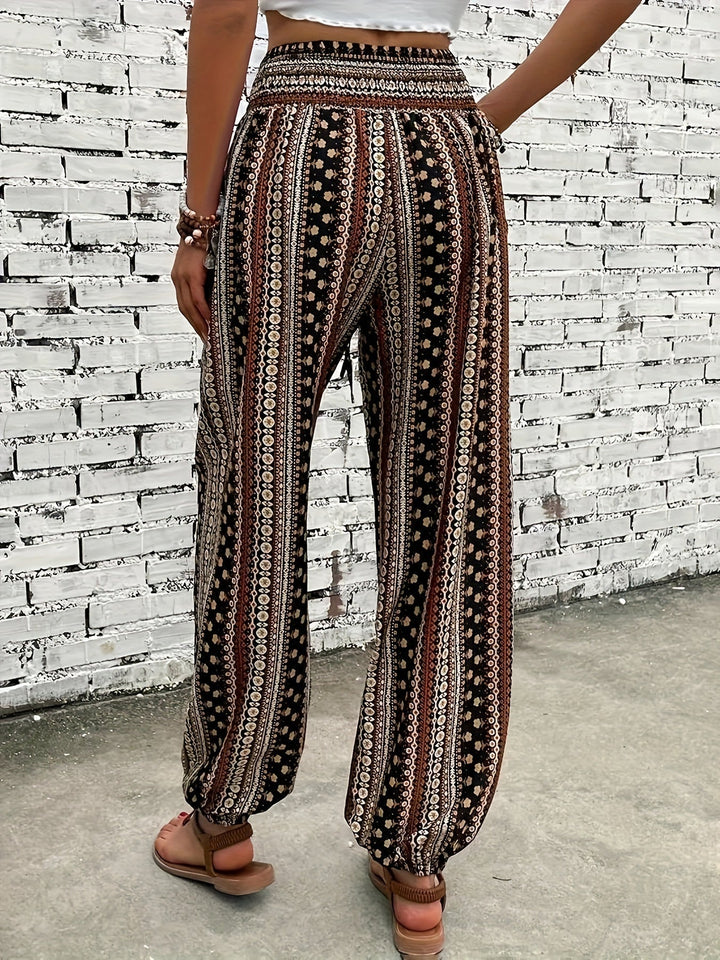 Boho High-Waist Women's Trousers with Print & Smocked Waistband – Linara-Dark brown-S-Nora Luxe