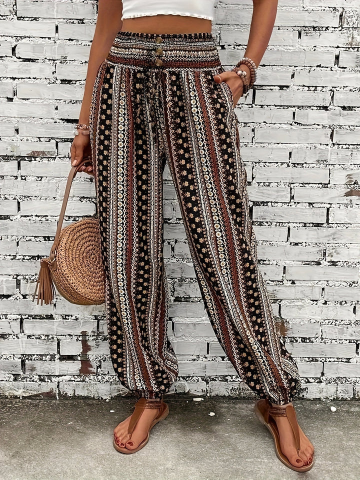 Boho High-Waist Women's Trousers with Print & Smocked Waistband – Linara-Dark brown-S-Nora Luxe