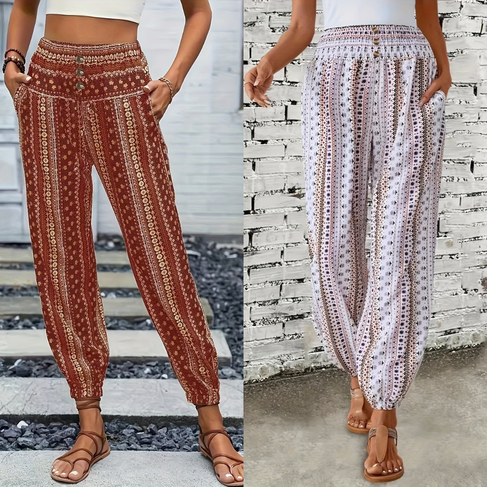 Boho High-Waist Women's Trousers with Print & Smocked Waistband – Linara-Dark brown-S-Nora Luxe