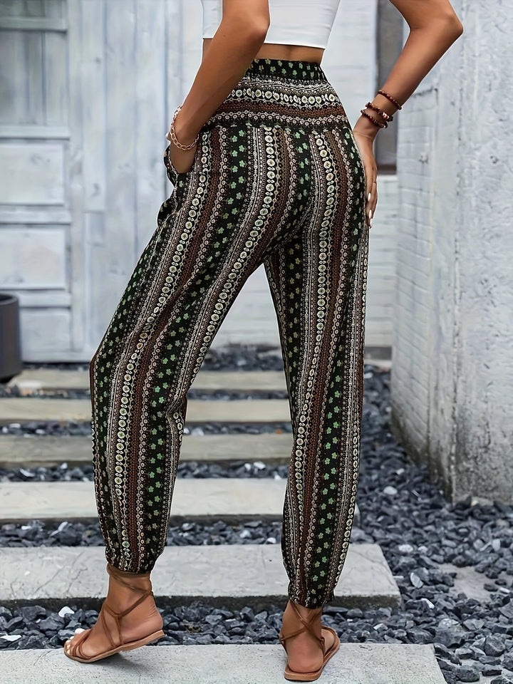 Boho High-Waist Women's Trousers with Print & Smocked Waistband – Linara-Dark brown-S-Nora Luxe