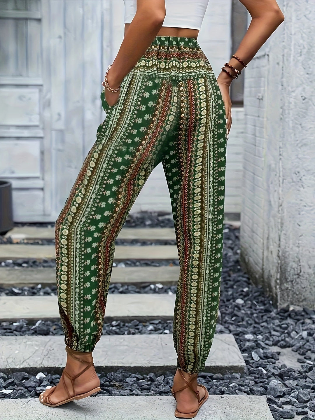 Boho High-Waist Women's Trousers with Print & Smocked Waistband – Linara-Dark brown-S-Nora Luxe