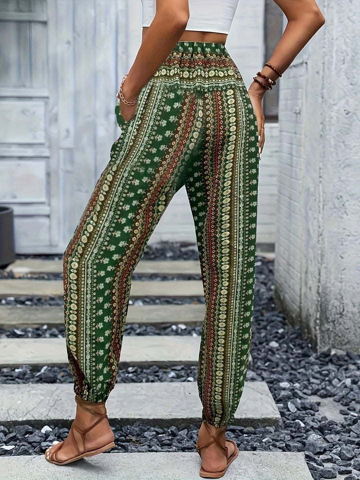 Boho High-Waist Women's Trousers with Print & Smocked Waistband – Linara-Dark brown-S-Nora Luxe