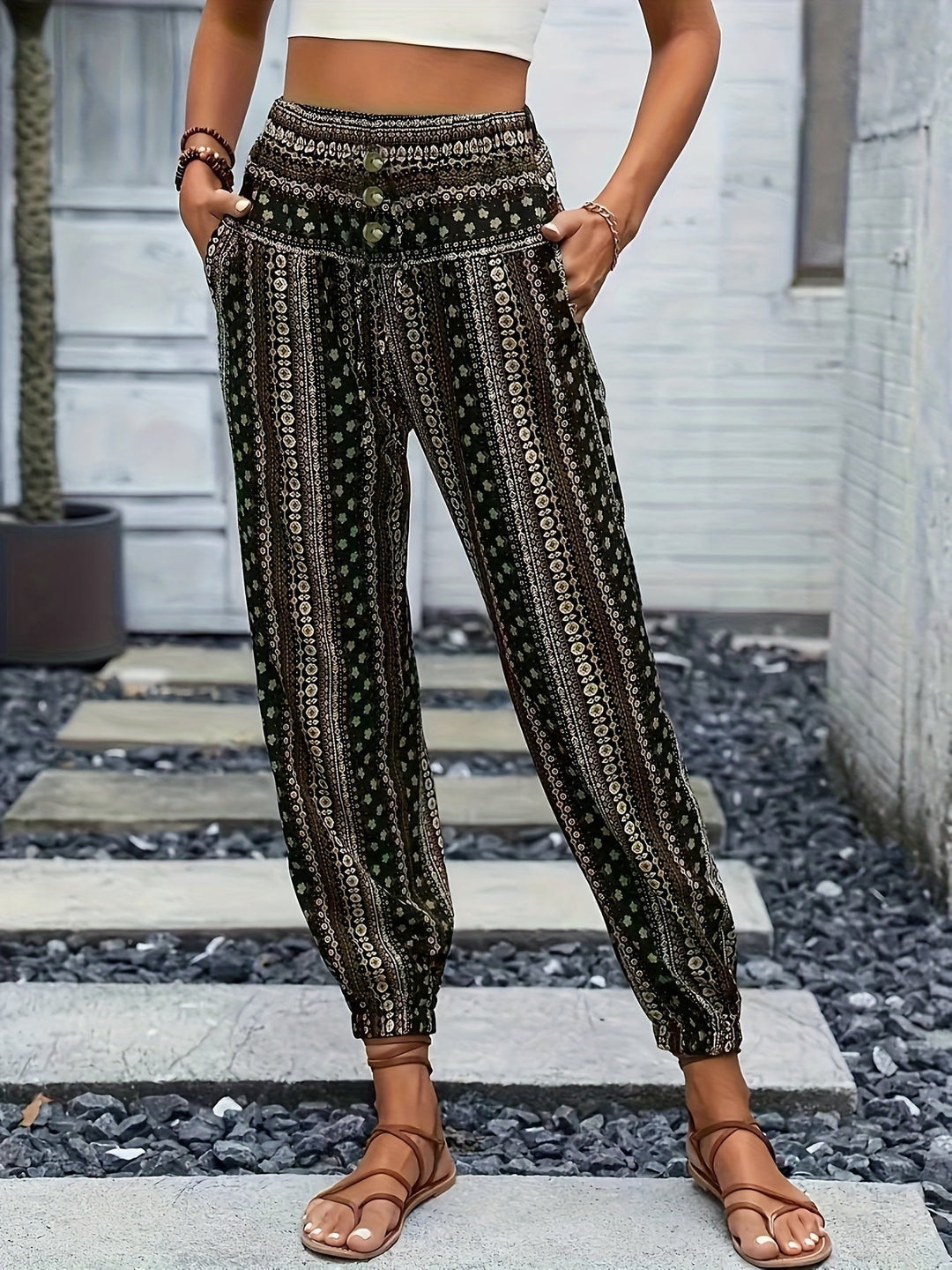 Boho High-Waist Women's Trousers with Print & Smocked Waistband – Linara-Dark green-S-Nora Luxe