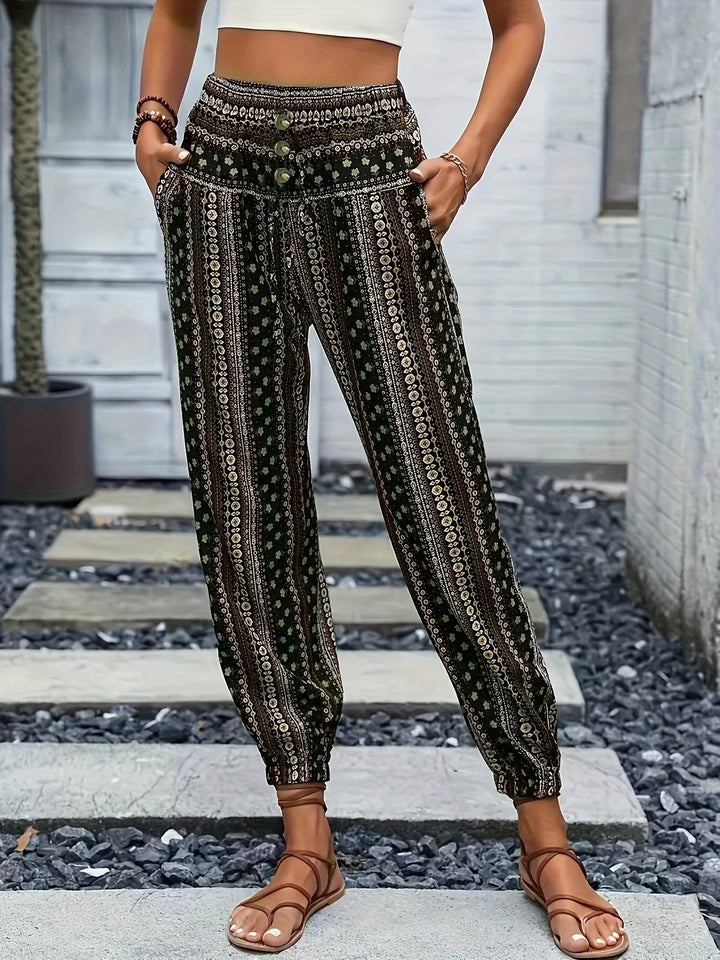 Boho High-Waist Women's Trousers with Print & Smocked Waistband – Linara-Dark green-S-Nora Luxe