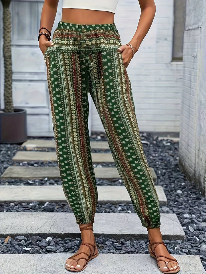 Boho High-Waist Women's Trousers with Print & Smocked Waistband – Linara-Green-S-Nora Luxe