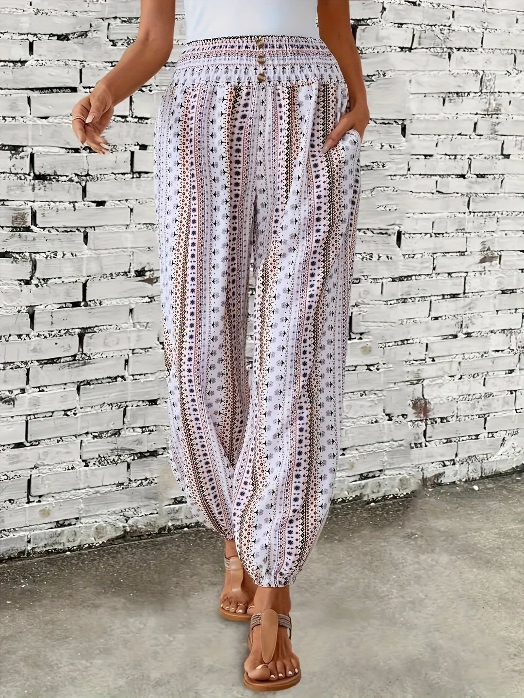 Boho High-Waist Women's Trousers with Print & Smocked Waistband – Linara-White-S-Nora Luxe