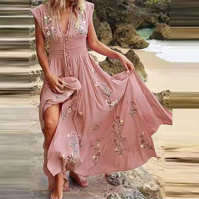 Boho summer midi dress with V-neck and airy cut – Talia-Pink-S-Nora Luxe