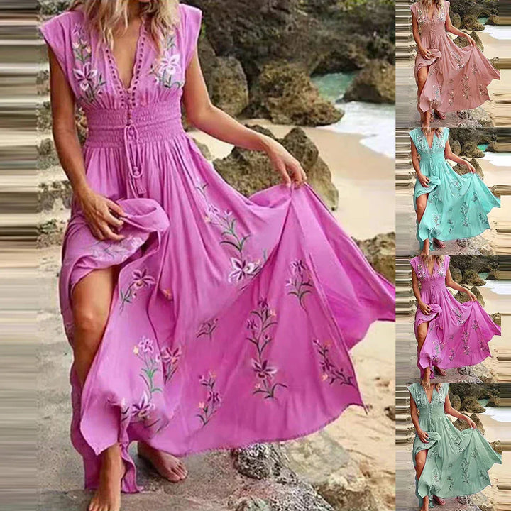 Boho summer midi dress with V-neck and airy cut – Talia-Sky blue-S-Nora Luxe