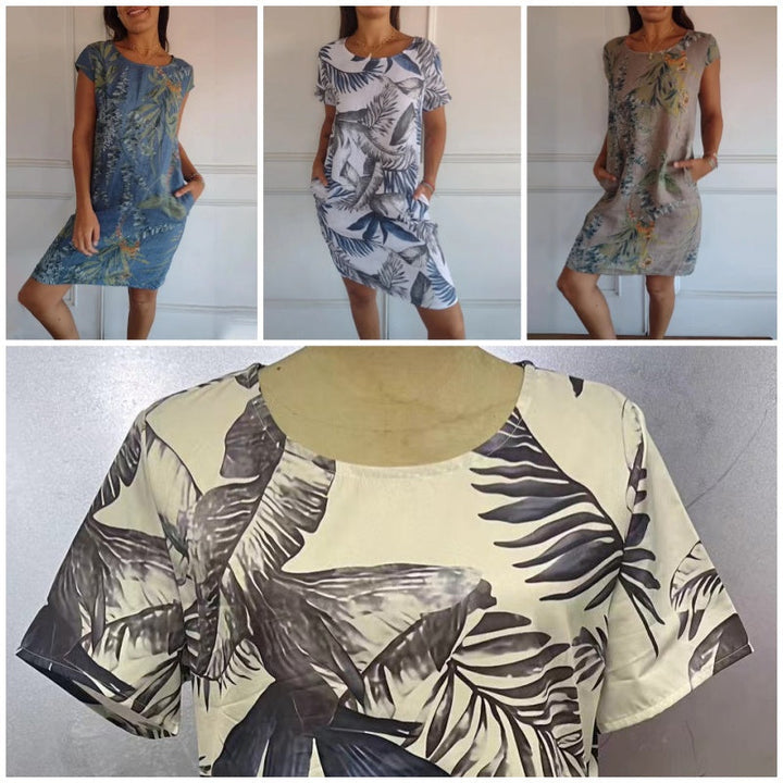 Botanical summer dress with round neck & floral A-line shape – Elvira-White-S-Nora Luxe