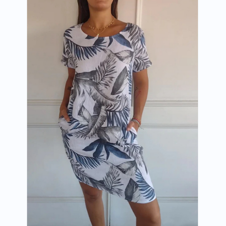 Botanical summer dress with round neck & floral A-line shape – Elvira-White-S-Nora Luxe