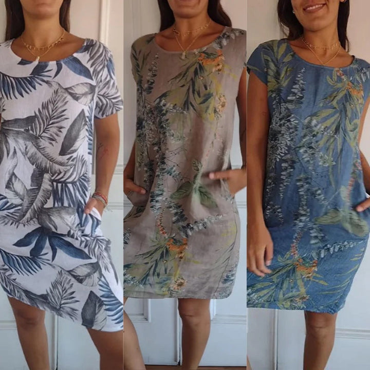 Botanical summer dress with round neck & floral A-line shape – Elvira-White-S-Nora Luxe