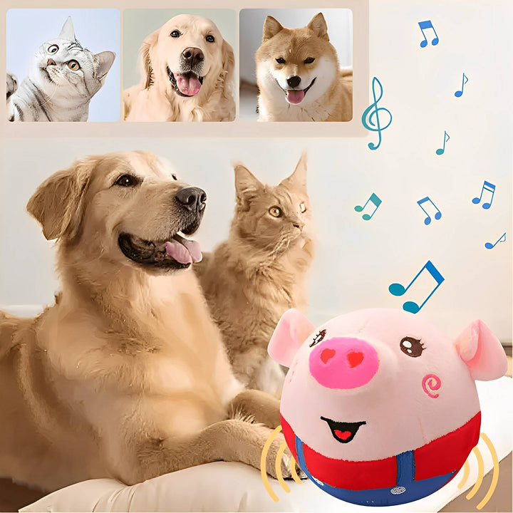 Pink pig plush ball with motion lines, with a dog and cat looking on.