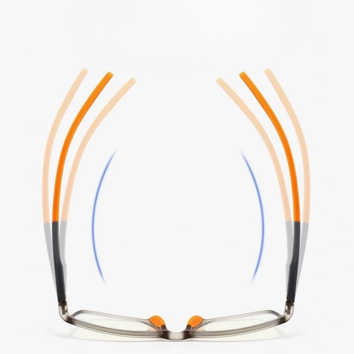 Top-down view showing the flexible orange temple arms bending outward in a multiple-exposure effect 9
