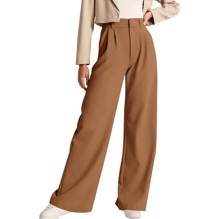 Braune Damenhose, weites Bein, elegant, aus Baumwolle, ideal für Büro- und Freizeitkleidung.