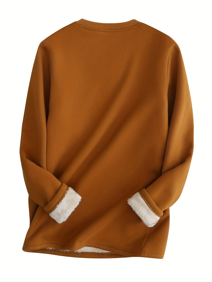 Brauner Pullover mit weißen Fleece-Ärmeln, warmes Winterkleidungsstück, Unisex-Design.