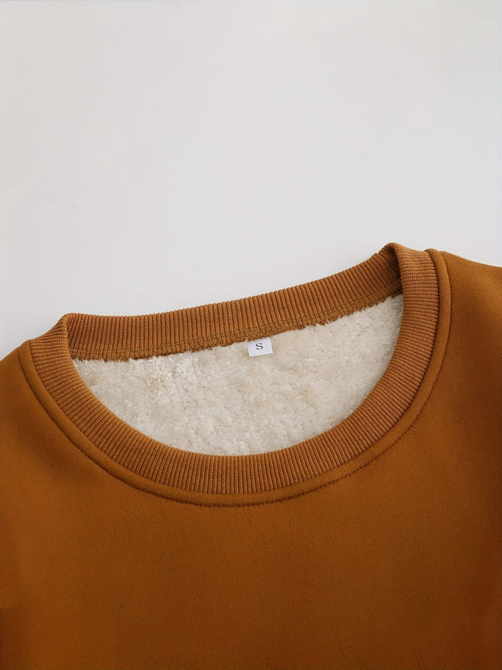 Brauner Fleece-Pullover, Rundhalsausschnitt, weiches Innenfutter, Wintermode, Größe S.