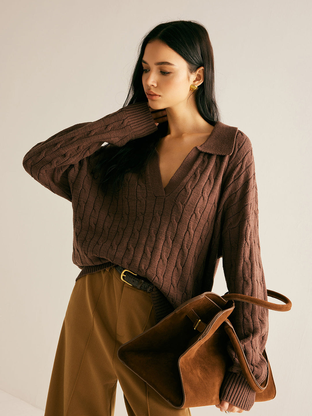 Brown V-Neck Jumper for Women - Sienna-XS-Nora Luxe