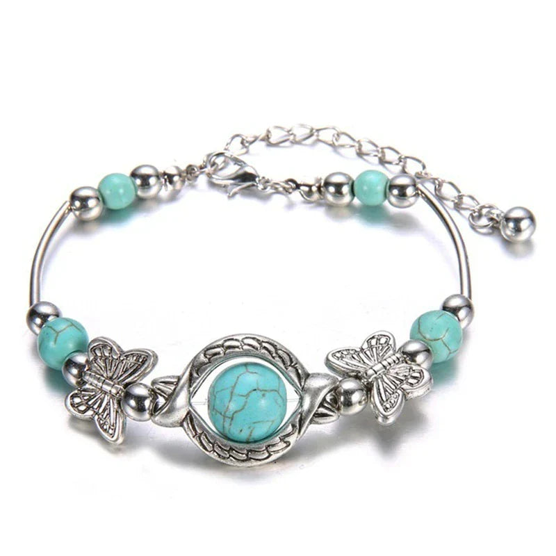 BUTTERFLY AND TURQUOISE BEAD BRACELET-Nora Luxe