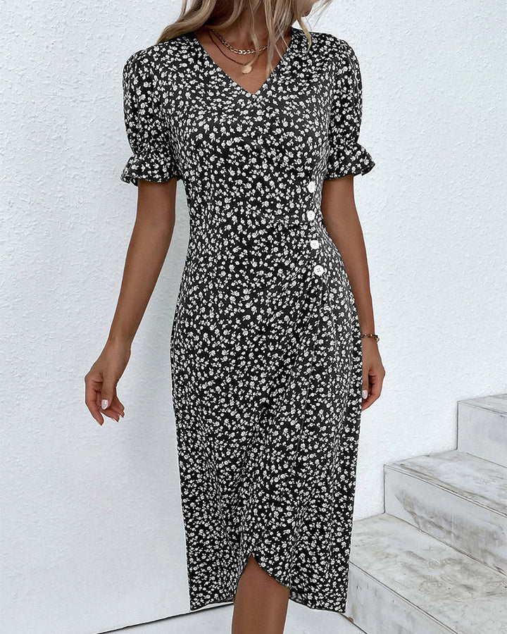 Button dress with V-neck & short sleeves – Luisa-Green-S-Nora Luxe