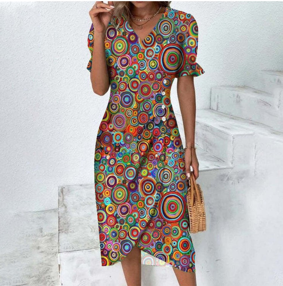 Button dress with V-neck & short sleeves – Luisa-Multicolored-S-Nora Luxe