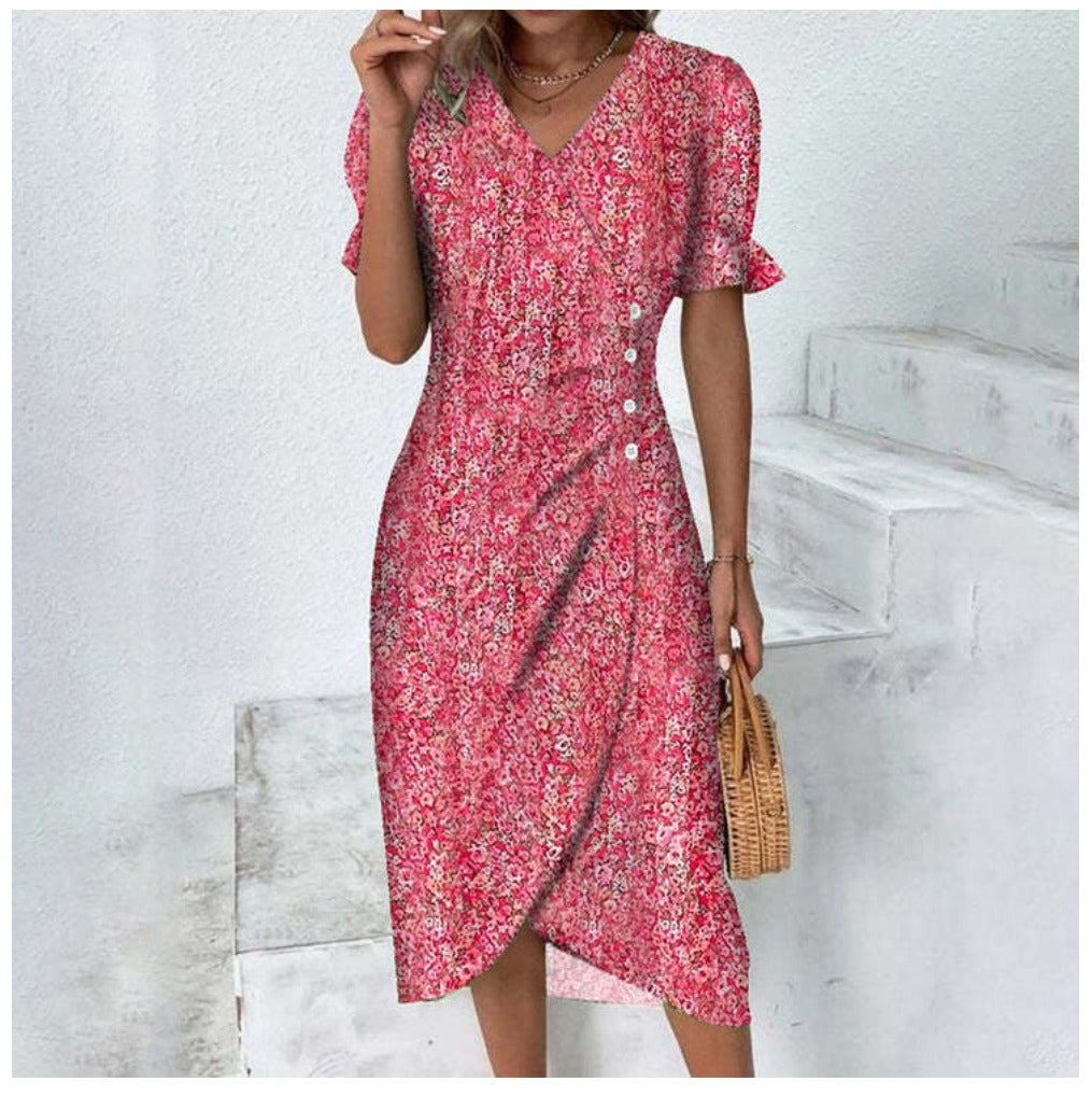 Button dress with V-neck & short sleeves – Luisa-Pink-S-Nora Luxe