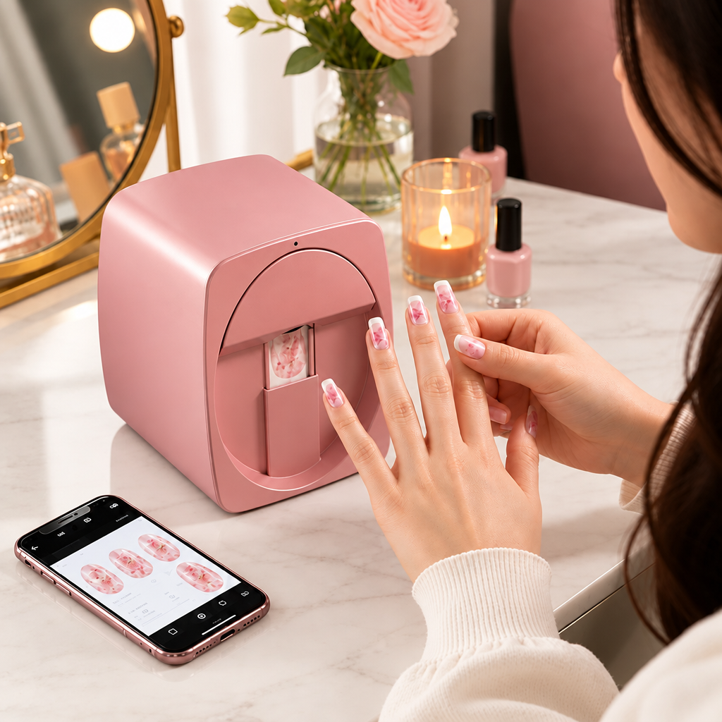 Woman shows off freshly printed pink floral French-tip nails beside the printer, with a design preview on a phone nearby. 7