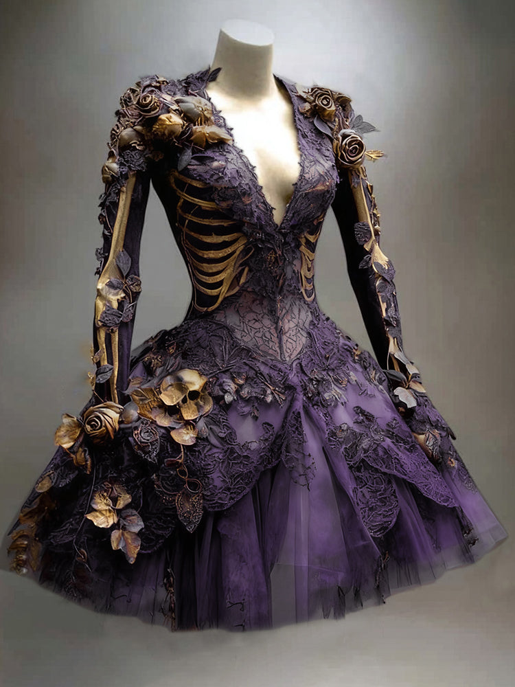 Purple version of the dress with gold skeleton ribs, gold roses, a small skull accent and a layered tulle skirt
