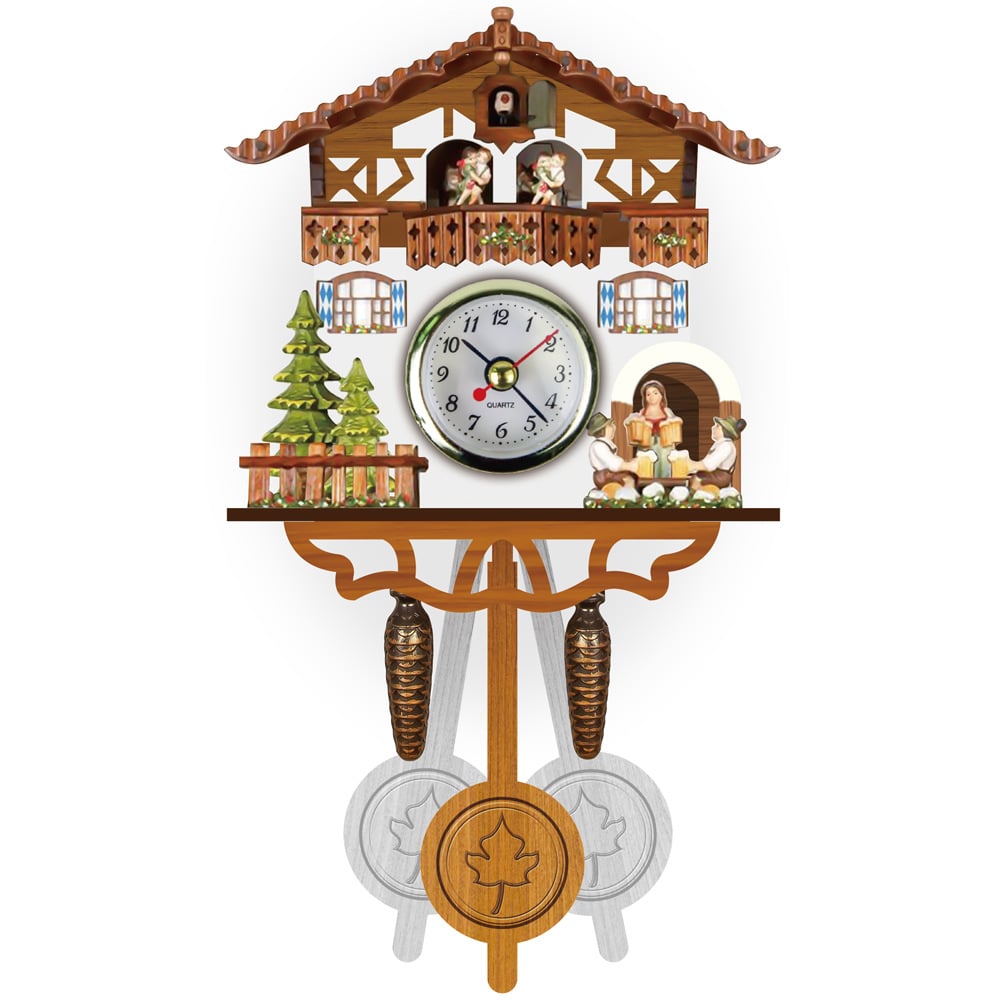 Half-timbered chalet wall clock with blue-and-white shutters, trees, fence and figures raising beer mugs 5