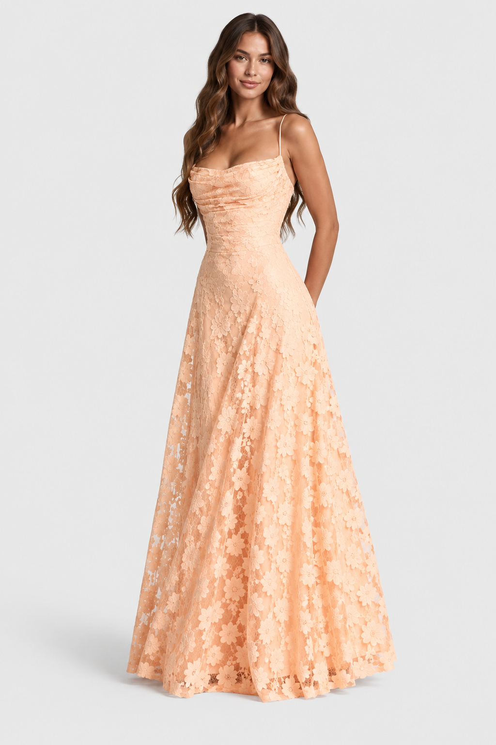 Peach floral lace A-line dress with a draped neckline and thin straps, shown from the front.