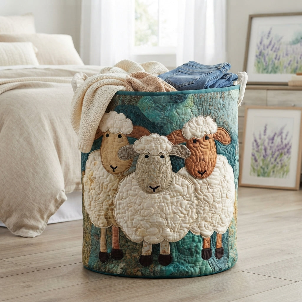 Beige quilted fabric laundry basket beside a bed, another view.
