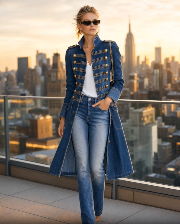 Model wearing the blue denim military coat with sunglasses on a rooftop terrace against a city skyline at sunset. 3