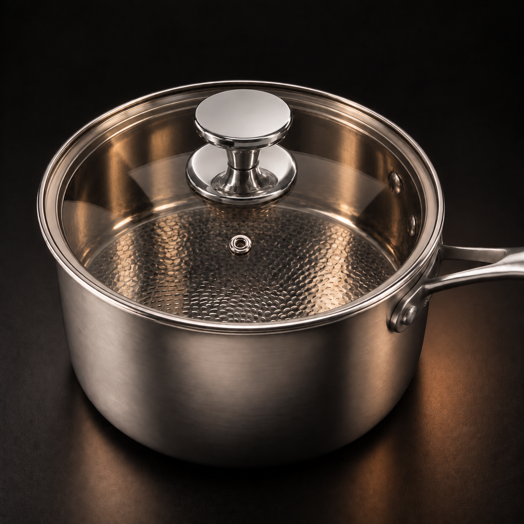 Glass lid with polished steel knob and small steam vent, detail view on the saucepan, with hammered interior visible through the glass. 3
