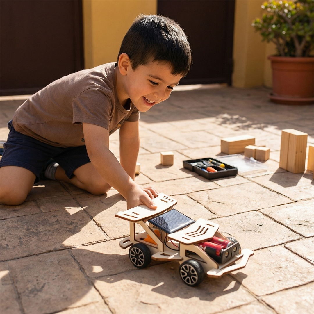 Wooden race car model with solar panel and batteries, another view