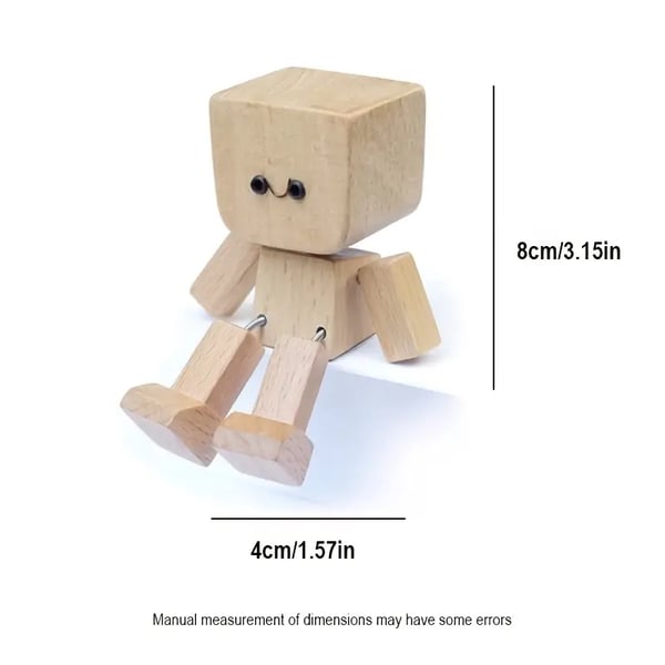 Wooden figure with small smiling face on white background, with height and width dimensions marked 2