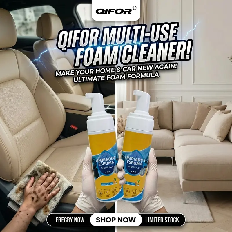 Gloved hands holding two foam cleaner bottles between a beige car seat being wiped with a dirty cloth and a clean living room sofa.