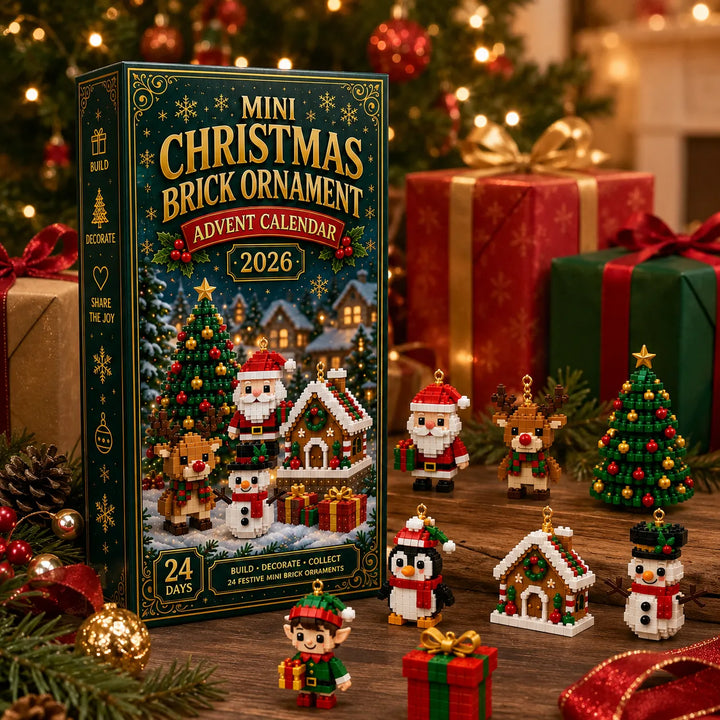 Christmas Building Block Advent Calendar with 24 Hanging Mini Ornaments, box with finished ornaments and wrapped gifts