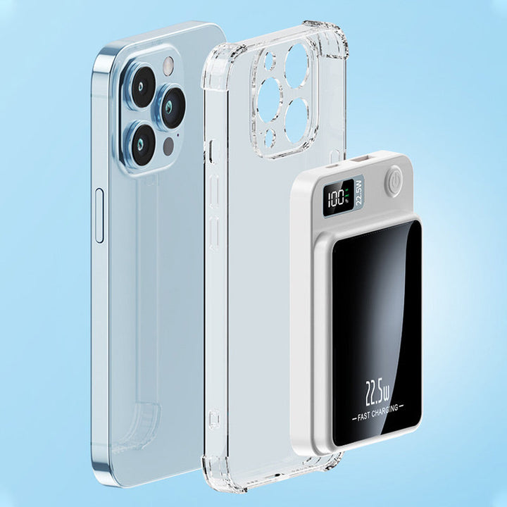 White power bank another view with a blue smartphone and clear protective case.