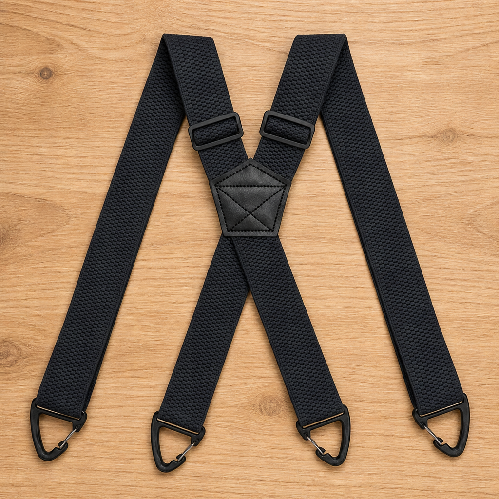 Black X-back suspenders laid flat with four black clips and a stitched center patch.