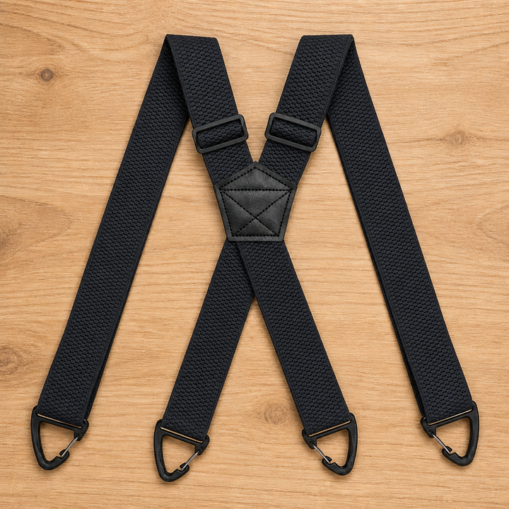 Black X-back suspenders laid flat with four black clips and a stitched center patch.