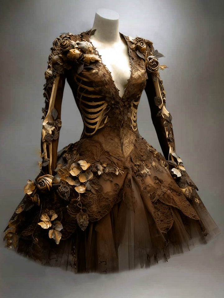 Brown version of the long-sleeved lace dress with golden rib-cage print, gold roses and a flared tulle skirt on a mannequin.