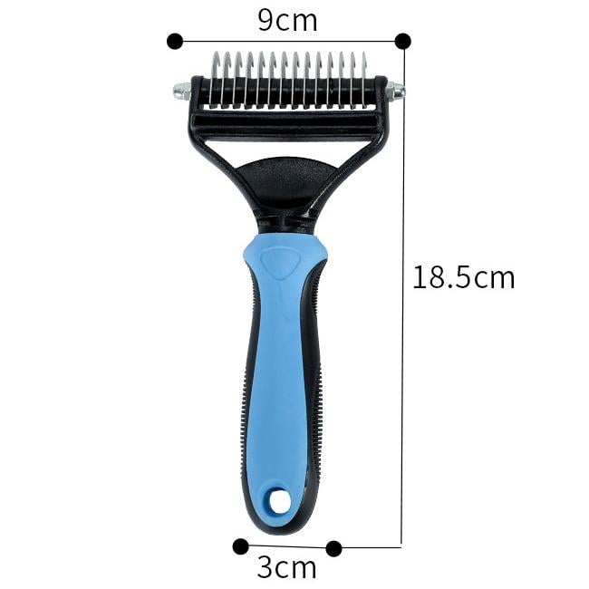 Blue rake front view with dimension lines marking its width, length and handle width 9