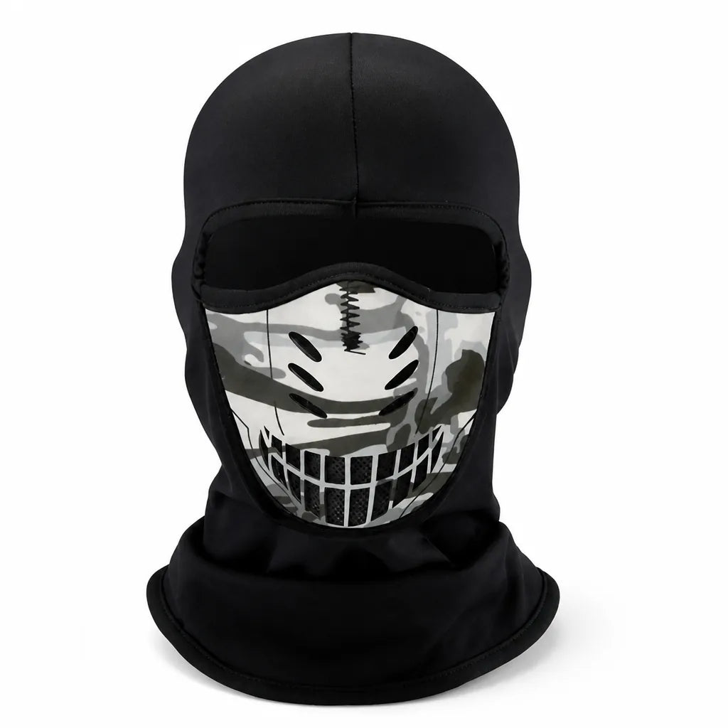 Front view of the black balaclava with a gray camo mouth panel, air vents and mesh grille 6