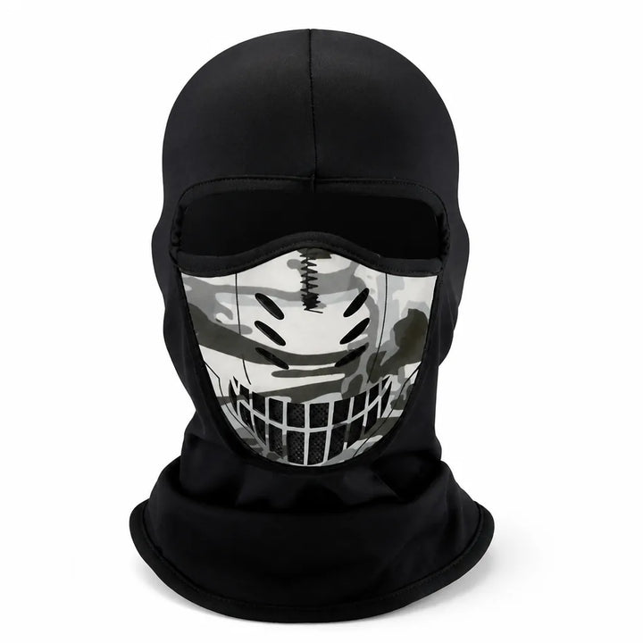 Front view of the black balaclava with a gray camo mouth panel, air vents and mesh grille 6