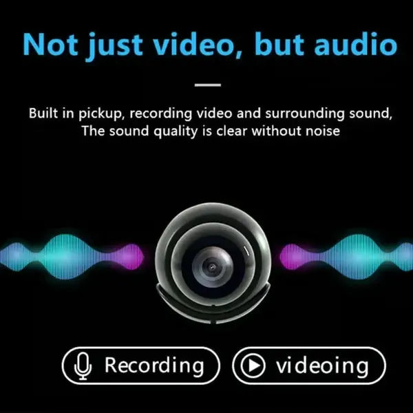 Mini HD Security Camera black front view with built-in audio recording detail