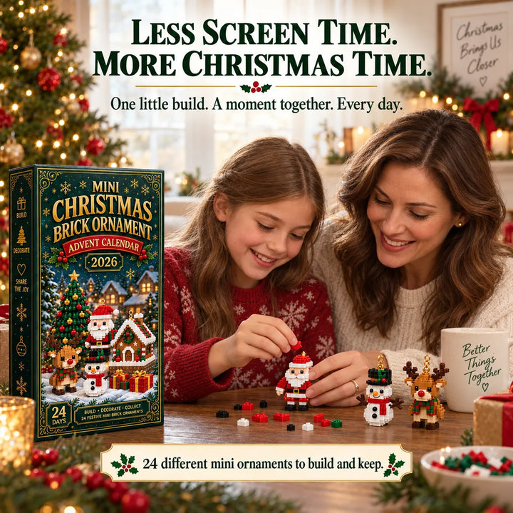 Christmas Building Block Advent Calendar with 24 Hanging Mini Ornaments, kids building a brick Santa at a table