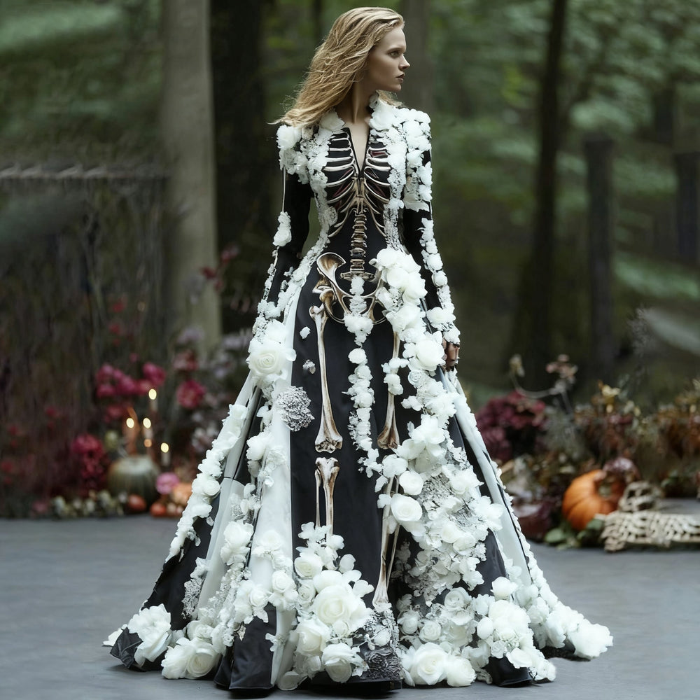 Black long sleeve maxi dress with skeleton print and white roses, another view.