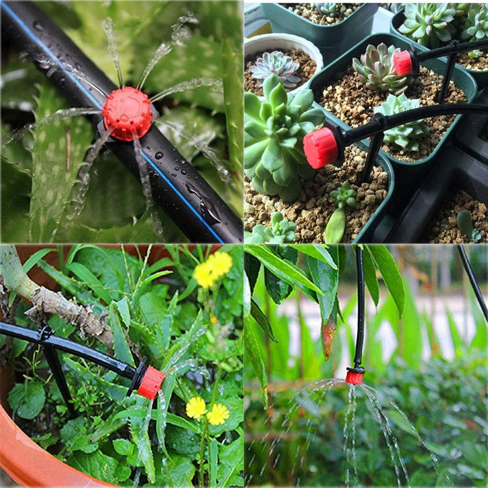 Four-panel collage of red drippers on black tubing watering potted plants and a hanging line.