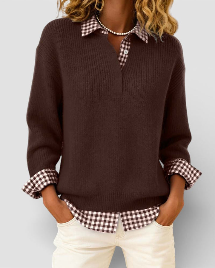 Brown ribbed knit sweater over a brown and white gingham shirt on a model.