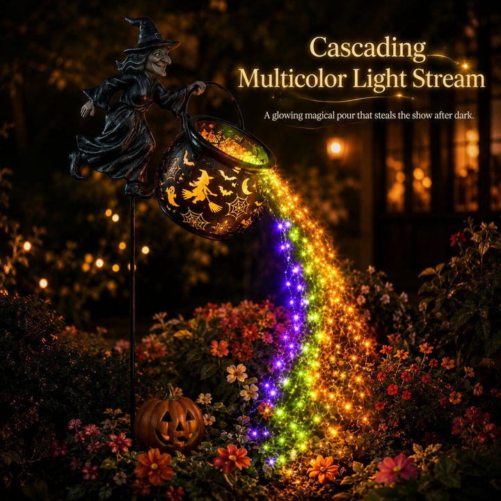 Another view of the witch on a tall stake pouring a purple, green and orange light stream over flowers and a pumpkin.